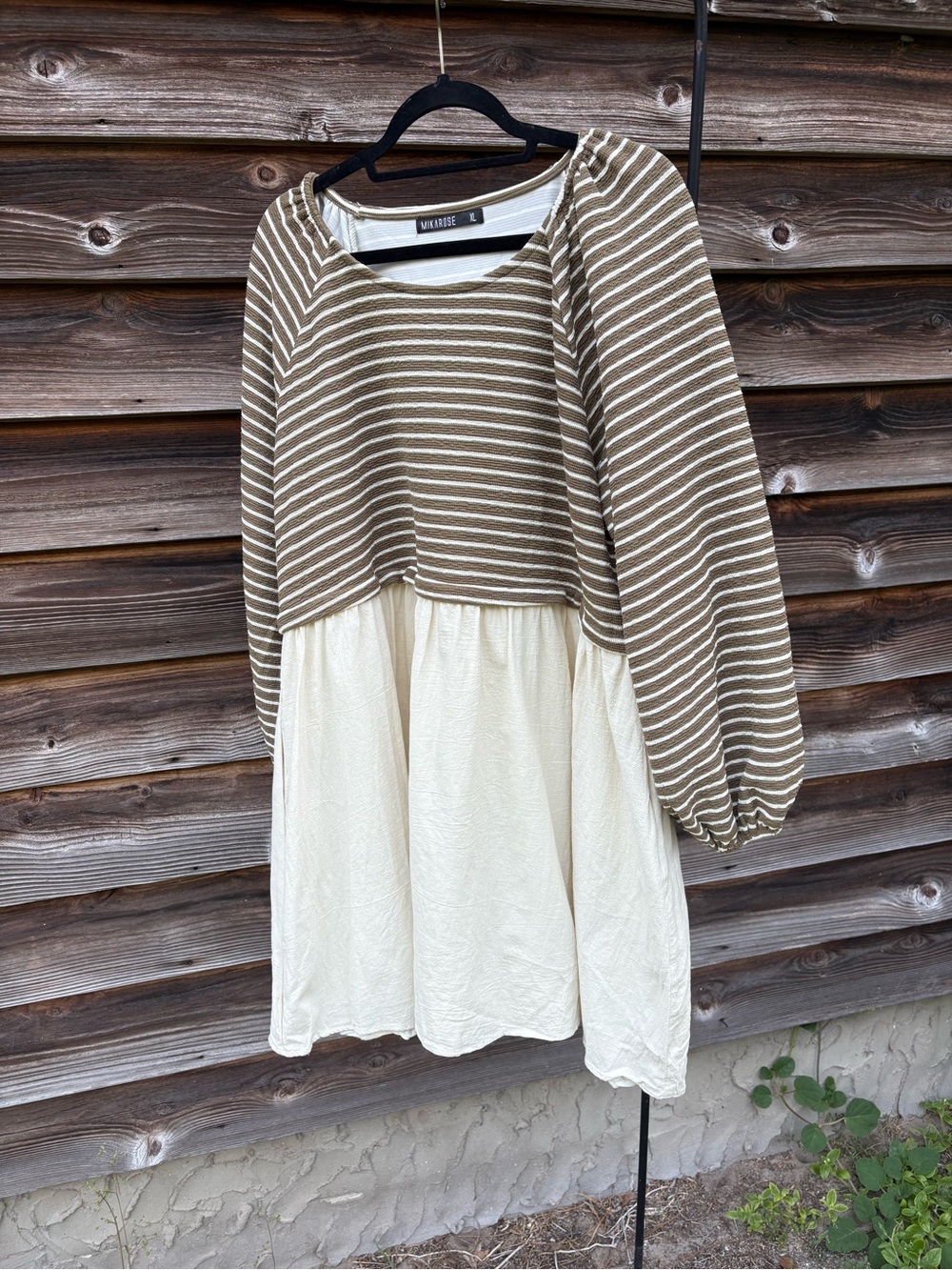 Mikarose Olive Stripe and Cream Two-Tone Dress